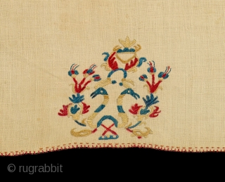 Border Panel of Wedding Bed Sheet, 

Skyros Island, Greece,

Linen, silk; embroidery,

17th/early 18th Century, 

82x16 in/208x40.5 cm


An heirloom textile that features repeats of ships with sailors separated by fantastic birds, both displaying Ottoman  ...