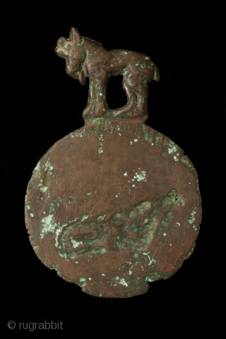 Mirror with Ram Handle, 
Central Asia,
Bronze,
4th/3rd Century BCE,
3.75x5 in/9.5x13 cm.  

This mirror is identical to a piece found in the Taklamakan, the "Desert of No Return" in Western China. That object  ...