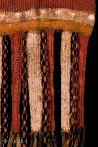 Ritual Apron,
Papua New Guinea Highlands,
Fiber, leather elements, pigment; twining,
Early to mid 20th Century, from an Old Australian Collection,

19x13 in/48x33 cm,

No doubt one of the first forms of weaving involved a pre-loom interlacing  ...