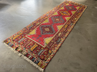 Anatolian runner, Kirshehir?, 337 x 107 cm, 19th century. Shirazi is original, ends a bit reduced, brown coroded.               