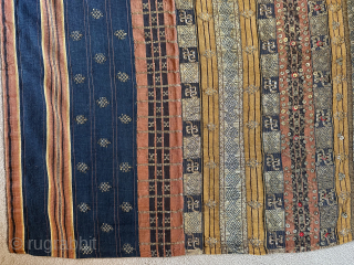 Fine Tapis - ceremonial cloth, Lampung, Sumatra, Indonesia. Beautiful gold metal embellished sarong that has been opened for full artistic effect. Superb quality and motif. Material: cotton, silk, metal thread. Size: 123  ...