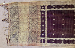 Fine silk and gold brocade shoulder cloth. Minangkabau people, Sumatra. Size: 166x55cm. Early 20th c. Item 40. Www.tinatabone.com               