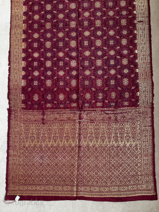 Ceremonial shawl, Palembang, Sumatra. Ornate brocaded cloth, weft ikat field, bamboo shoot pattern. Silk and gold metal thread, size 202x84cm, circa 1900. www.tinatabone.com