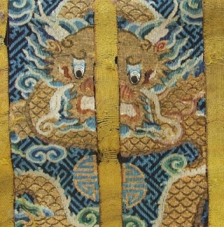 An old dragon robe, uncut panel with wonderful motif and colors. Silk woven with gold metallic wrapped thread, double sided and with silk backing. Late 19th c. Size: 2mx 60cm. Click for  ...