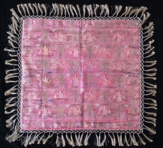 A lovely piece of Indian brocade work, elephants and birds on a pink silk base. Fragile areas but secured with silk backing.  Silk and metal twine.  Size: 60x60cm.   