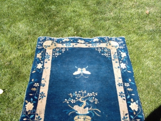 A good, honest pre-WW2 Chinese rug about 3x5 (36 by 66 inches), medium to low pile all over, dirty, end erosion but not into the pattern. The typical (meaning real) blue and  ...