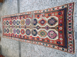 Very old, approximately 200 years old, mogan patterned Shahsawan carpet size 320x106                     