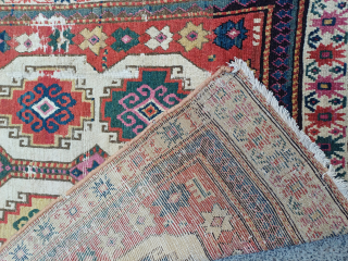 Very old, approximately 200 years old, mogan patterned Shahsawan carpet size 320x106                     