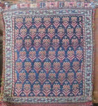 Shawsavan soumak chanteh, 13 x 16 inches, 19th century. Excellent condition, except for small visible wear to the lower right corner. Silver metallic thread is used in the middle flower on the  ...