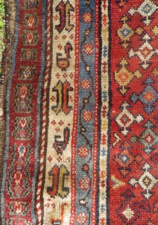 Unusual Persian tribal rug, mid-19th century. 47 x 82. Not sure of origin, possibly Khamseh region  Shawsavan. All natural colors. With visible wear. Great border design with birds.    