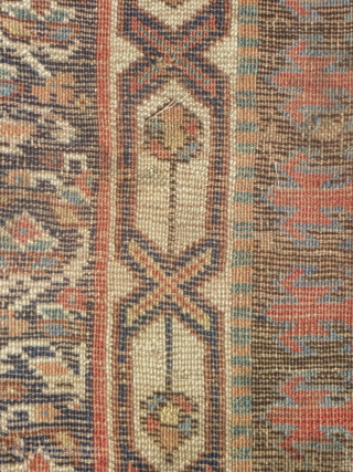 Shawsavan, approx 3 ft x 9 ft 3 in. 19th Century. Unusual border design. All good colors. Visible wear (see close-ups) but good pile makes it restorable.      