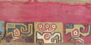 Three Pre-Columbian textile fragments, 14 x 4, 18 x 3, 26 x 5 inches.
As a lot, or sold separately. Mounted on linen.           