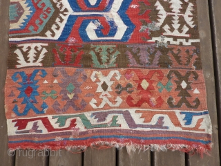 Early part of 19th C Kona Kilim half.  13' 6" x 34"  many old repairs but fairly complete. SOLD THANK YOU!          