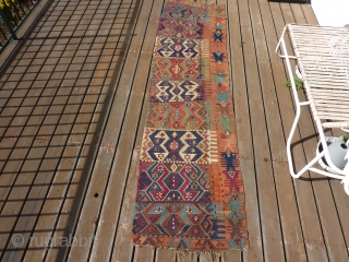 19th Century Anatolian kilim half with rare apricot background. 31" x 9' 10"                    