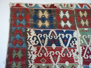 SOLD!   19TH Century Anatolian kilim half which has been cut in half by a previous owner, for easier display, and cleaned by Rbt. Mann (great job) who removed old glue  ...