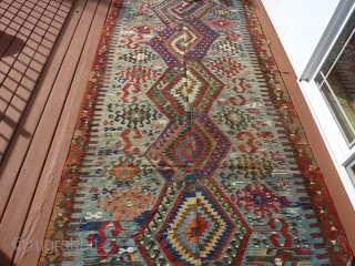 Antique Anatolian kilim about 10' x 5'   Substantial but not 100% complete--see pictures.  Rare blue ground with many interesting details. $1200 US plus shipping.      