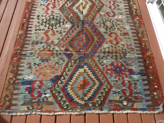 Antique Anatolian kilim about 10' x 5'   Substantial but not 100% complete--see pictures.  Rare blue ground with many interesting details. $1200 US plus shipping.      