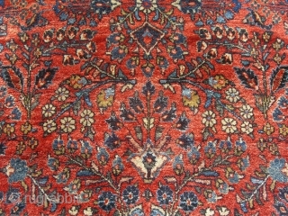 Beautiful Sarouk in excellent condition. Measures 3'4" x 4'9". Selvages original and in very good condition. a couple of rows of knots missing at both ends but ends are well-secured and very  ...