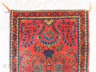 Absolutely gorgeous, fine, colorful and antique Sarough small rug in great and bright color combination. Great piece of art. size is 2'-7"x1'-11".           