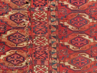Antique and very fine Turkoman chivalry in good condition. Missing side border, the weave is very fine. Size is 3'-4"x2'-2".             
