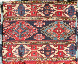 Absolutely gorgeous, antique and colorful Shahsavan/Gharadagh sumac complete mafrash. It has very tight and fine weave with awesome color combination, all colors are natural. There are some very small holes at the  ...