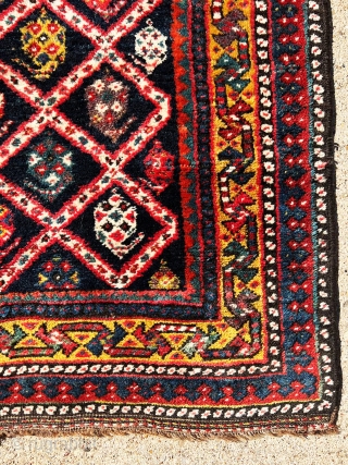 Extremely gorgeous, antique, full pile Qashqai [This looks more like a Bakhtiari] runner with outstanding color combinations. There are many different colors including aubergine. I offer this lovely piece at outstanding price.
 