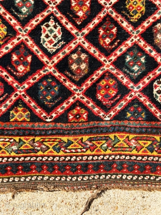 Extremely gorgeous, antique, full pile Qashqai [This looks more like a Bakhtiari] runner with outstanding color combinations. There are many different colors including aubergine. I offer this lovely piece at outstanding price.
 