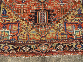 Outstanding antique Heriz rug with rare and outstanding color combination, some low areas but still very nice and decorative piece.  Size 11'-9"x9'.          