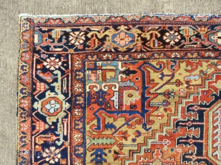 Outstanding antique Heriz rug with rare and outstanding color combination, some low areas but still very nice and decorative piece.  Size 11'-9"x9'.          