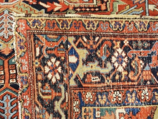 Outstanding antique Heriz rug with rare and outstanding color combination, some low areas but still very nice and decorative piece.  Size 11'-9"x9'.          