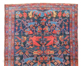 Unique, antique, full pile and color full Persian Malayer rug in good condition. The design is extremely gorgeous and color combinations are unique [color replacement?]. All colors are natural, some small repilling  ...