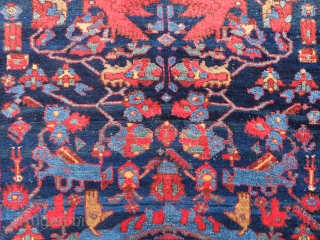 Unique, antique, full pile and color full Persian Malayer rug in good condition. The design is extremely gorgeous and color combinations are unique [color replacement?]. All colors are natural, some small repilling  ...