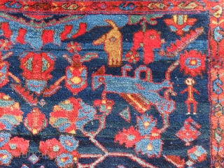 Unique, antique, full pile and color full Persian Malayer rug in good condition. The design is extremely gorgeous and color combinations are unique [color replacement?]. All colors are natural, some small repilling  ...