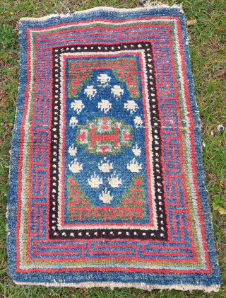 A fantastic tibetan Wangden top saddlerug.
Mid 19th century. 
All organic dyes of what I can see.
Some wear in the middle and around the edges as seen in pictures but it has been  ...