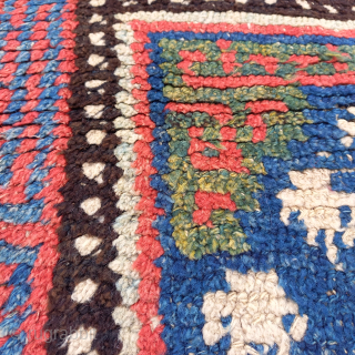 A fantastic tibetan Wangden top saddlerug.
Mid 19th century. 
All organic dyes of what I can see.
Some wear in the middle and around the edges as seen in pictures but it has been  ...