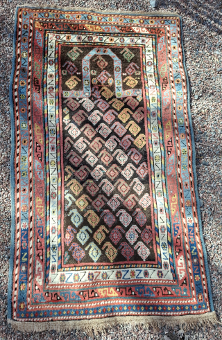 A stunning caucasian prayer rug from Dagestan area 1860-80. 
All organic dyes. 
83x148 cm
Over all very good condition. One minor repair, one cut and shut, black/brown yarn in the middlefield heavy corroded  ...