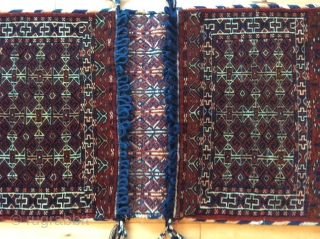 Antique Turkmen double saddlebag khorjin.  Wool on wool.  37.5 inches x 22 inches, 96 cm x 56.5 cm. Sturdy.  In great condition.  Notice the heart design in the  ...