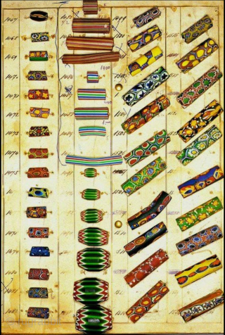 Millefiori African Trade Beads Necklace. Intricately designed mosaic-pattern glass beaded necklace with vibrant patterns. Age circa 1900.  Nearly 50 beads make up this necklace! 

These mosaic glass beads were used as  ...