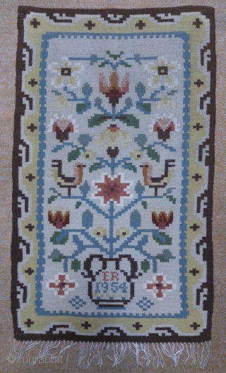 Swedish kilim(Rolakan technique), no: 328, size: 93*57cm, dated and signed, pictorial design, wall hangings.                   