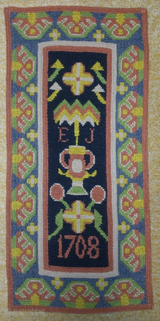 Antique Swedish cross stitch wool on linen, no: 202, size: 50*24cm, signed( E J) and dated 1708, wall hangings.              