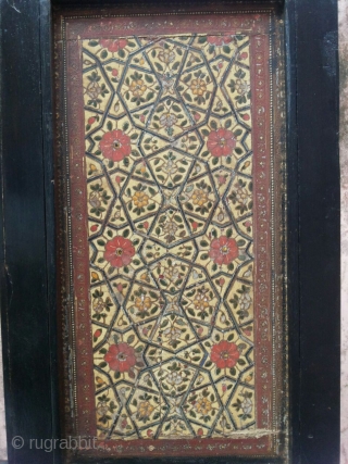 Wooden Mughal Partition .

 Double Side ,Natural Stone Colours, Emboss Flower design Work.

 Teak Wooden Frame.

 From Hyderabad ( Andhra Pradesh ) .

 Very Old and Good Condition.

 18 Century Piece.

size: 3.3  ...