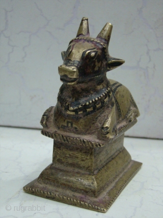 Brass Nandi Statue The 'vahana' or carrier of Shiva, 
The Nandi Bull is always to be found facing the 'shivalingam' in places of worship. Nandi represents the creative energies of the restless  ...