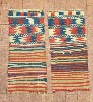 Small flatwoven tribal zigzag bags probably Kurdish. Coarse weave and all natural dyes. 

Each bag measures approx 82x38cm.

               