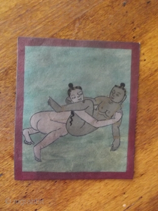 Antique Tibetan erotic tsakli card, 10.5 cm x 9 cm.

Hand painted with script on back.

Age? My guess is 19C but could be earlier (or later) 

Rare to find these erotic ones.

  