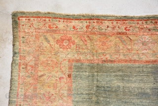 Angora Ushak, for me it's end 19th century and it has low pile in mid and 3 repile places which are not good enough.
It's size is 324 x 290 cm.
   