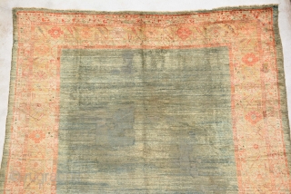 Angora Ushak, for me it's end 19th century and it has low pile in mid and 3 repile places which are not good enough.
It's size is 324 x 290 cm.
   