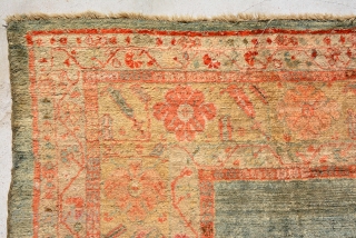 Angora Ushak, for me it's end 19th century and it has low pile in mid and 3 repile places which are not good enough.
It's size is 324 x 290 cm.
   