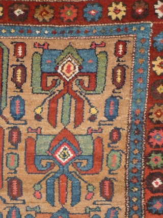 902 Rare Kurdish village rug with a never before seen design, 125/181 cm, Northwest Persia, 19th century, good condition, fantastic natural colours on a camel hair field, no comparable piece known!
For more  ...