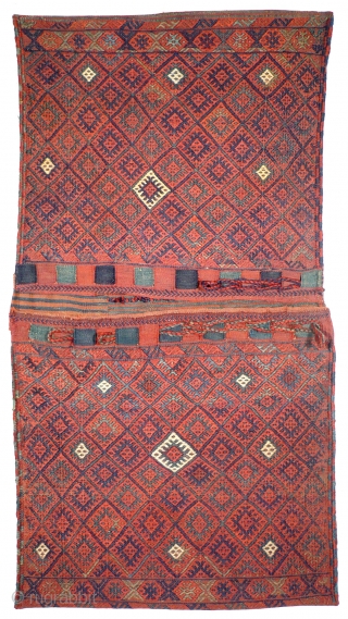 956 Rare flatwoven Jaf / Sanjabi khorjin, 66/125 cm, Kurdistan, late 19th century, outstanding natural colours.
For more outstanding collector's pieces please look at: www.oriental-textile-art.de         