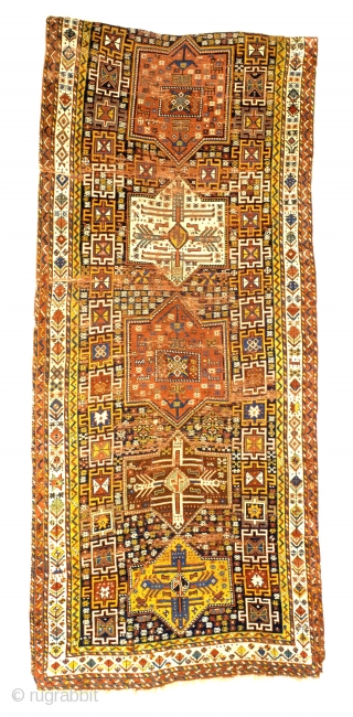 # 296 Great Kordi main carpet fragment, 145/330 cm, Darreh-Gaz region, Khorasan, the upper borders and the original selvages are missing, some areas of wear and a sewn crack; a unique field  ...